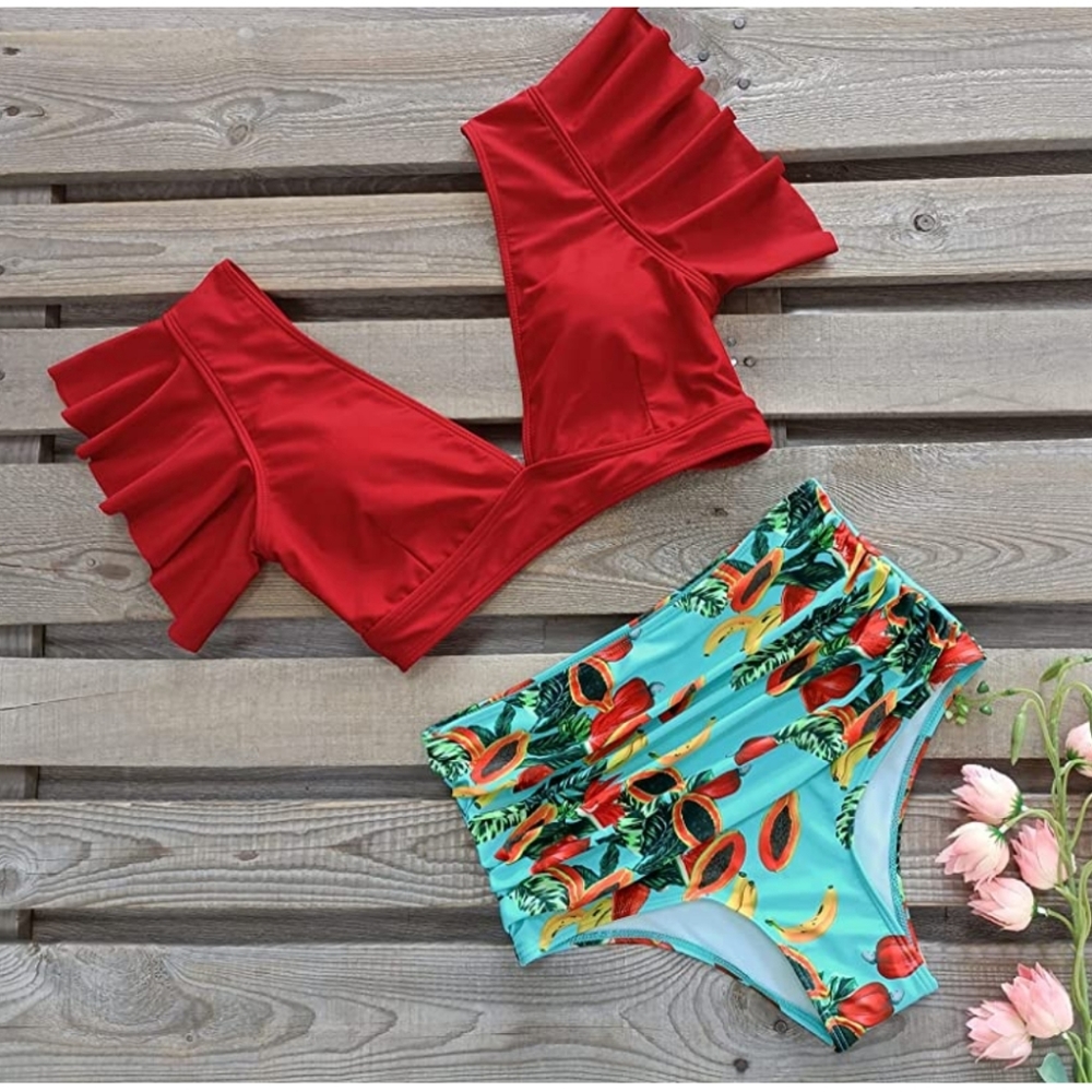 Sporlike Ruffle Sleeve High Waist Bikini